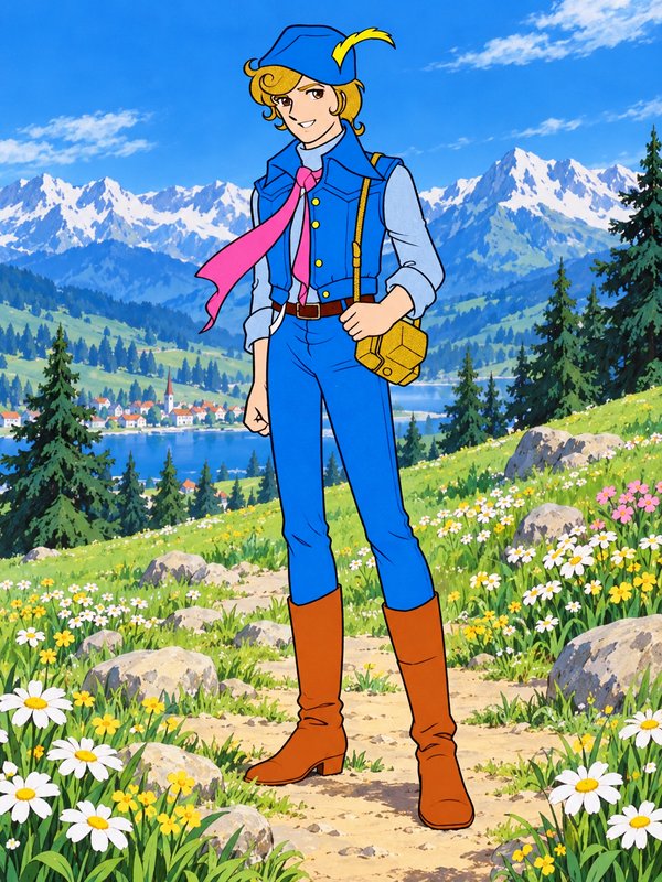 Retro anime young adventurer stands on a wildflower alpine trail with mountain lake village behin...