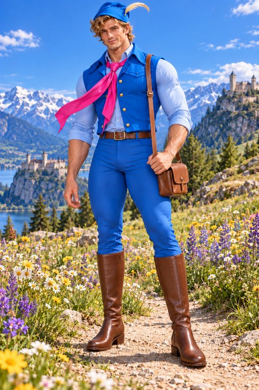 Muscular fairytale prince in blue costume stands on an alpine wildflower trail with cliffside cas...