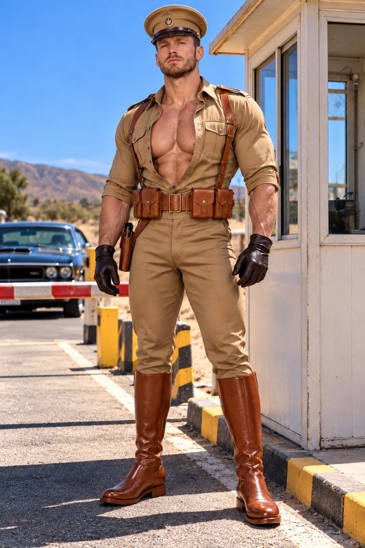 Muscular man in vintage khaki military uniform stands guard at a desert roadside checkpoint