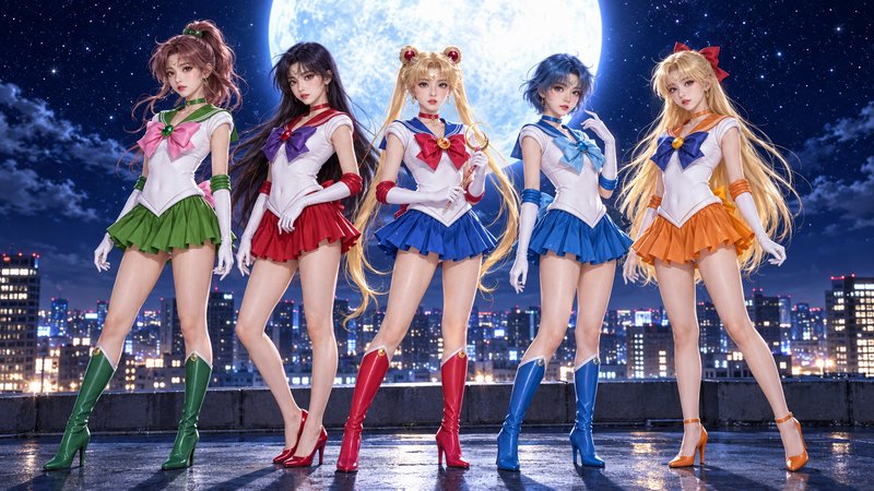 Five Sailor Moon Inner Senshi stand on a wet city rooftop beneath a glowing full moon.
