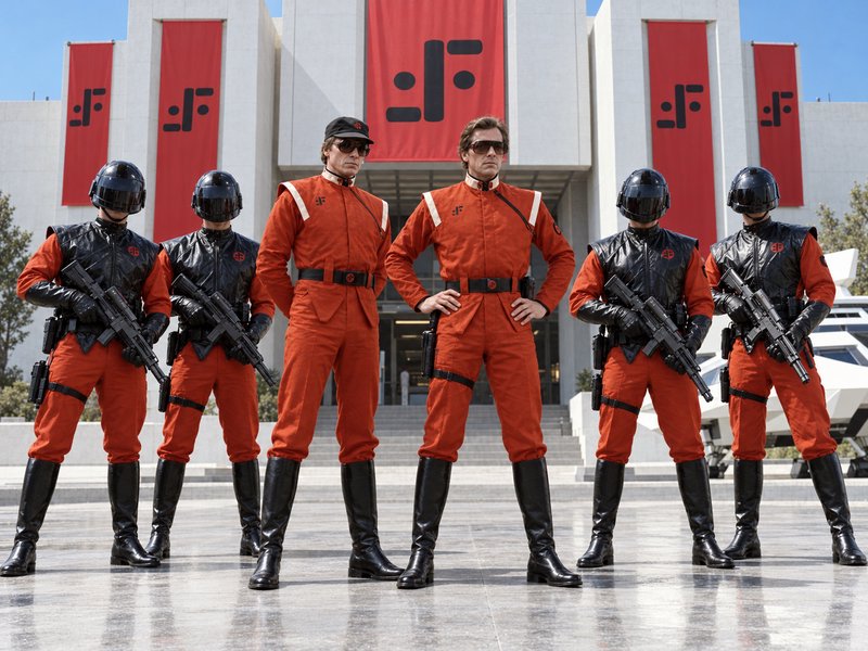 Alien Visitor commanders and armed guards stand in formation outside a futuristic regime headquar...
