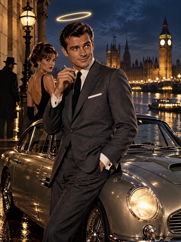 Suave retro spy leaning on a vintage luxury car with a glowing halo, London Thames waterfront at ...