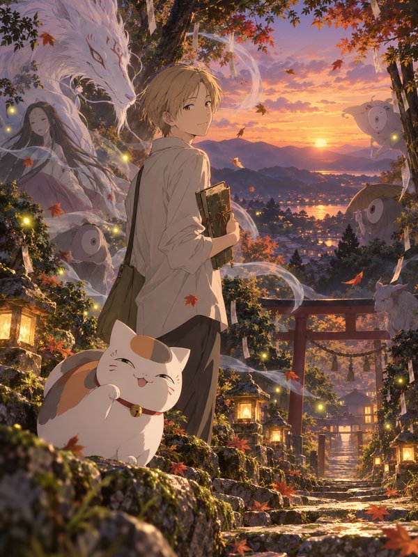 Natsume from Natsume's Book of Friends stands with Nyanko-sensei on mossy shrine steps at autumn ...