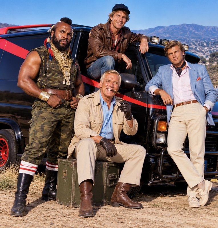 The A-Team cast posing next to their iconic black van on a sunlit dry hillside