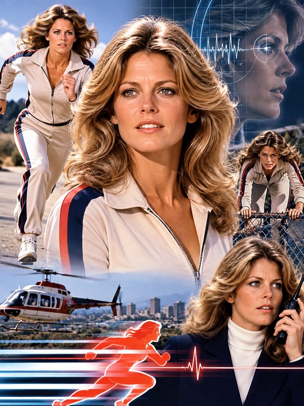 Collage poster featuring The Bionic Woman across action, tech and retro television themed scenes