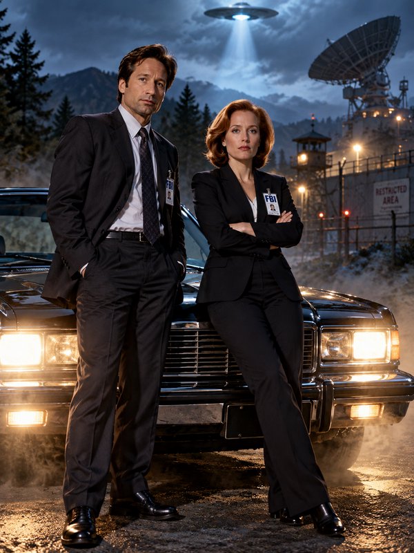 Two FBI special agents lean on a vintage sedan as a hovering UFO floats above a restricted milita...