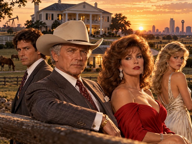 Ewing family cast posed in front of Southfork Ranch at warm golden Texas sunset