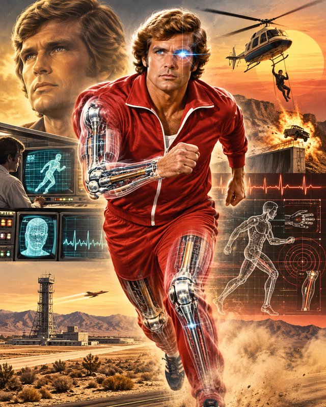 Bionic man in a red tracksuit runs with visible cybernetic limbs, retro sci-fi poster art