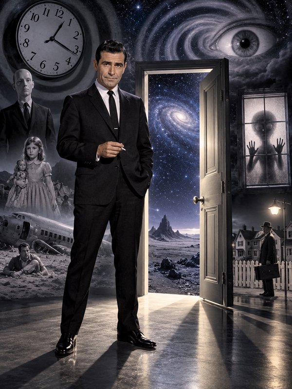 Rod Serling style host stands before an open door surrounded by surreal Twilight Zone themed imagery