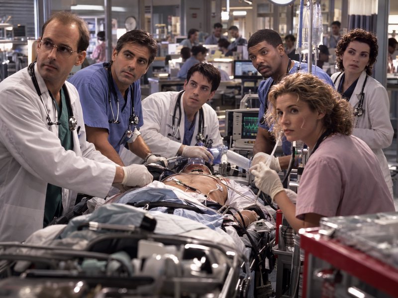 Group of ER doctors and nurses treating a critical trauma patient in a busy hospital emergency de...
