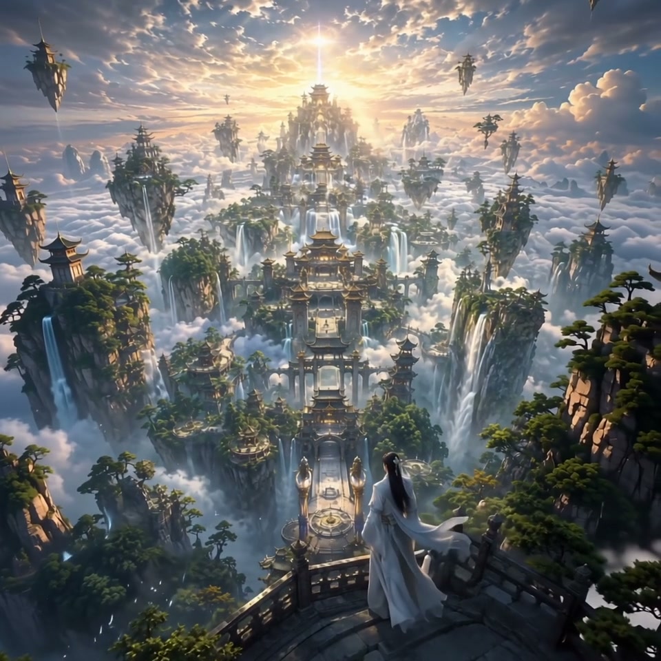 A lone figure in white robes overlooks a vast floating temple city amid clouds and waterfalls.