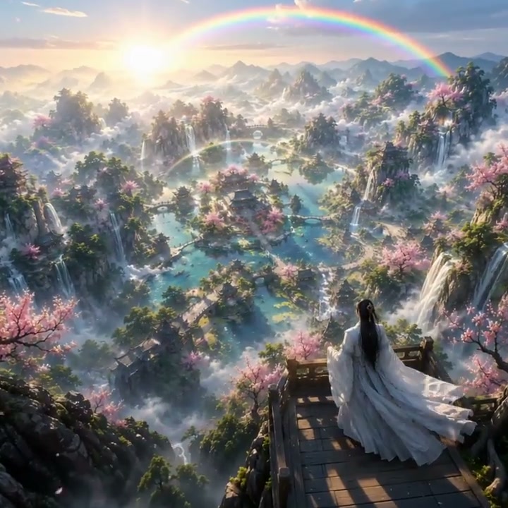 A lone figure in flowing white robes stands on a wooden balcony overlooking a misty, fantastical ...
