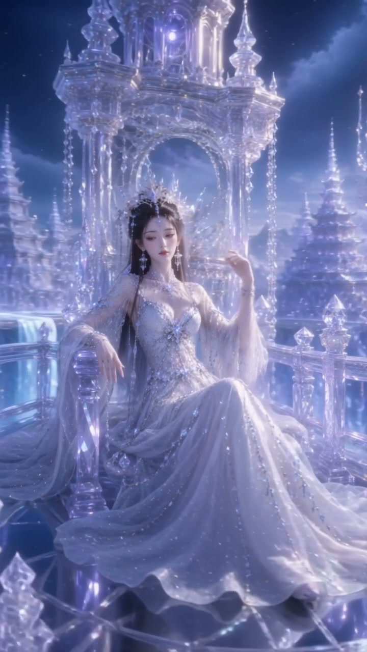 Ethereal fantasy ice queen in a bejeweled silver gown sits on a glowing crystal palace balcony be...