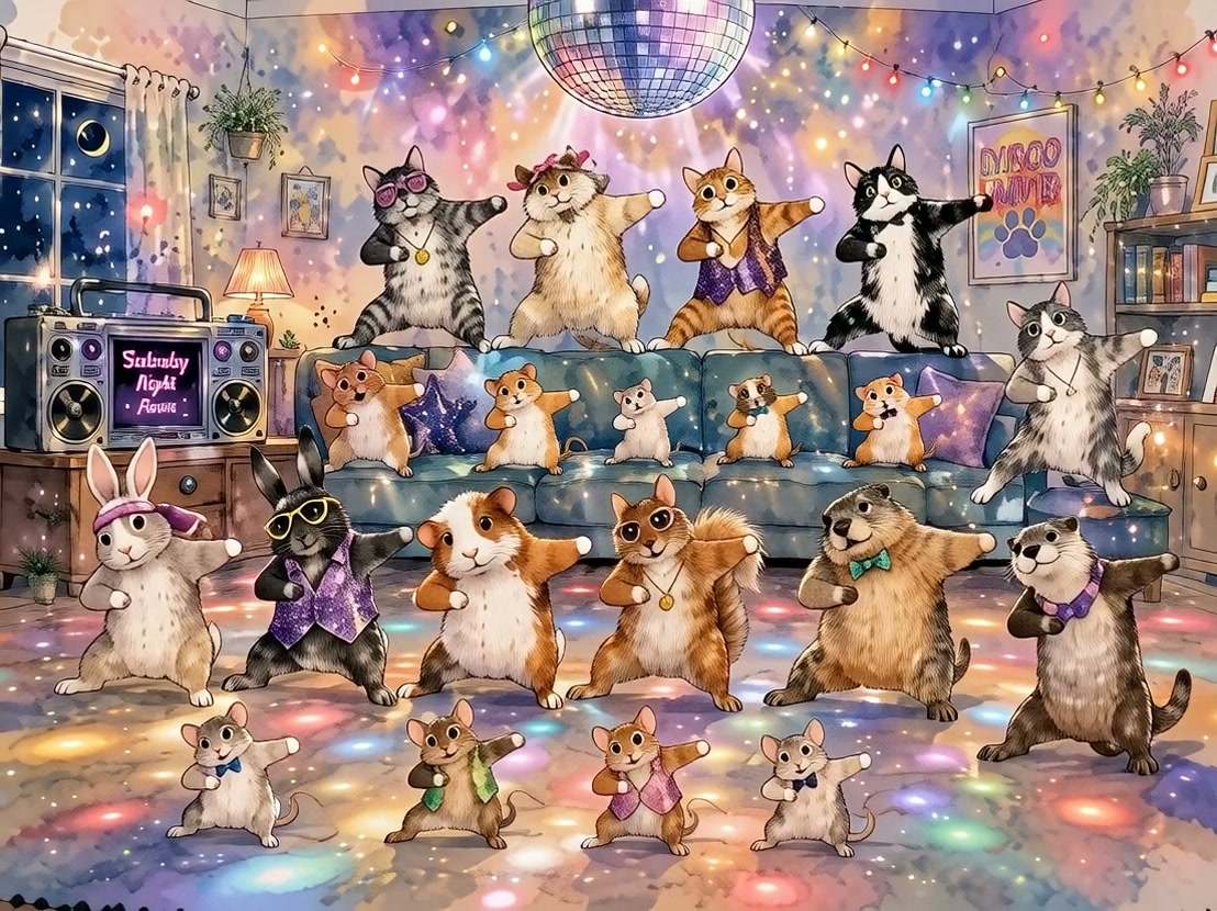 Whimsical illustrated retro disco party with dancing anthropomorphic cats, hamsters, rabbits, and...