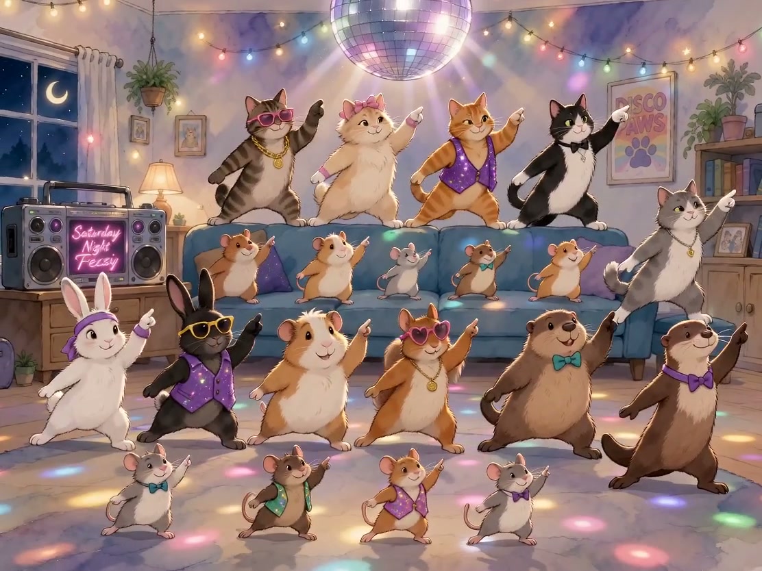 Anthropomorphic cats, rodents, and rabbits perform a synchronized dance at a cozy animal disco pa...