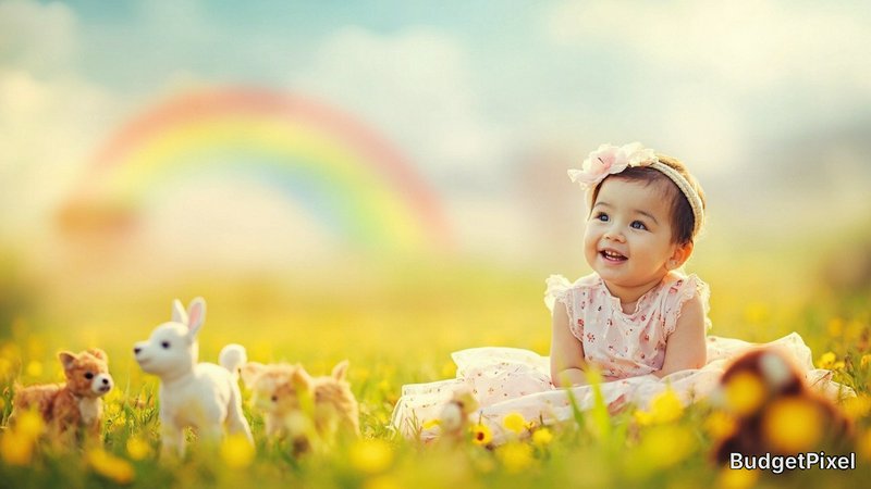 Smiling toddler girl in a pink floral dress sits in a sunlit wildflower meadow with toy animals, ...