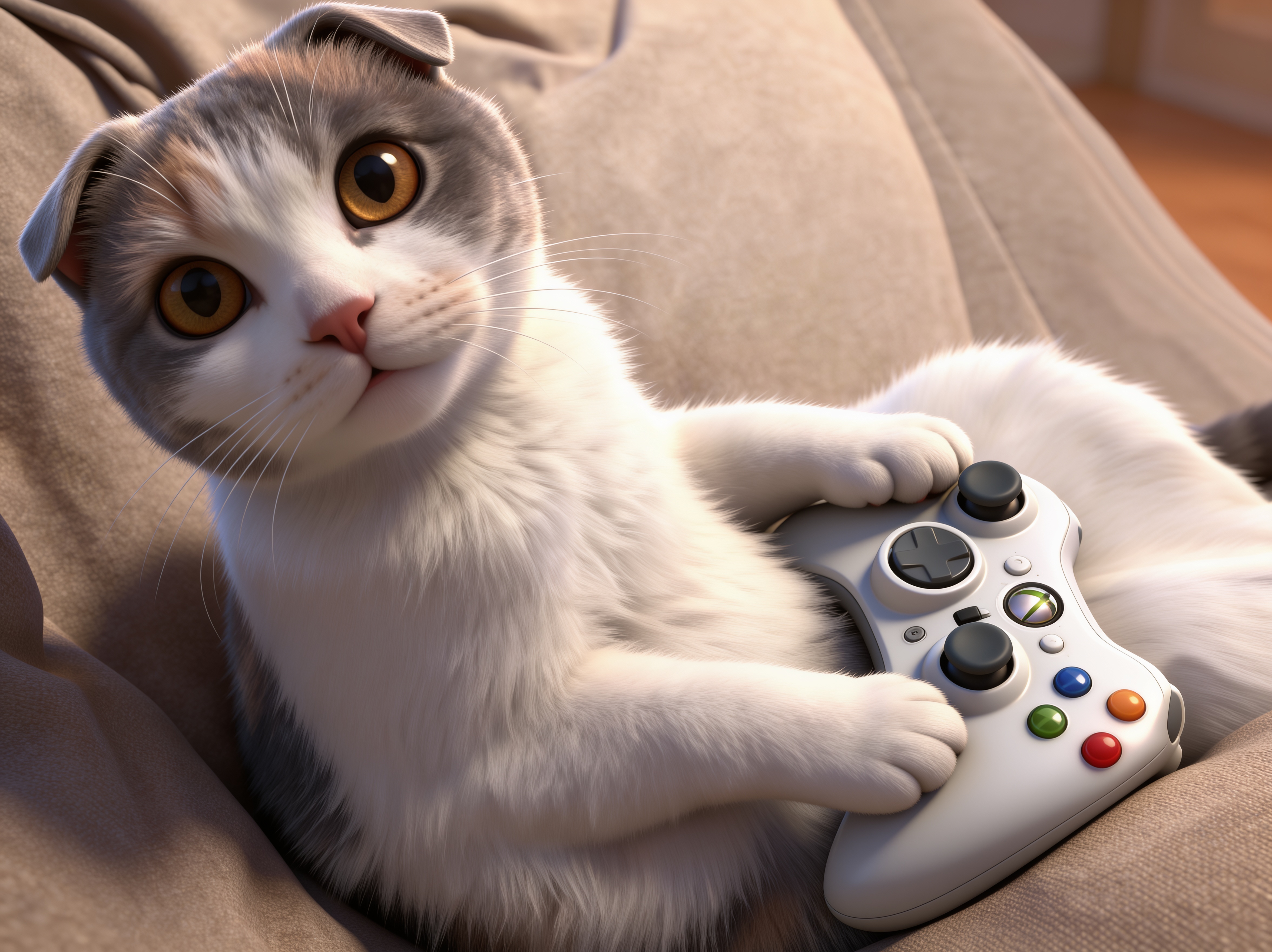 Adorable Scottish Fold cat reclining on a beige couch holding a video game controller, looking playfully at the viewer