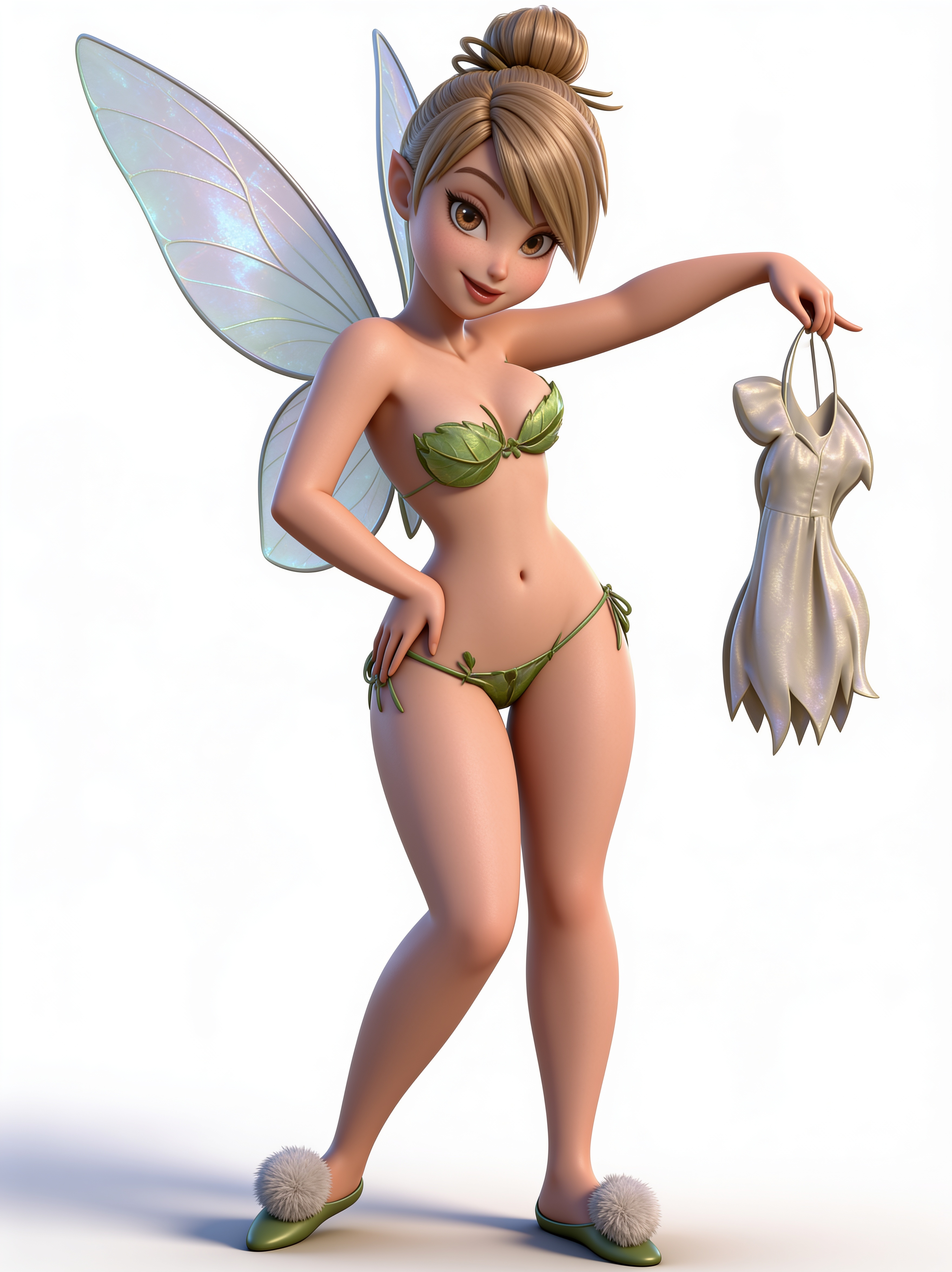 3D rendered Tinker Bell-style fairy holding her dress, wearing a leaf bikini, isolated on plain white background.