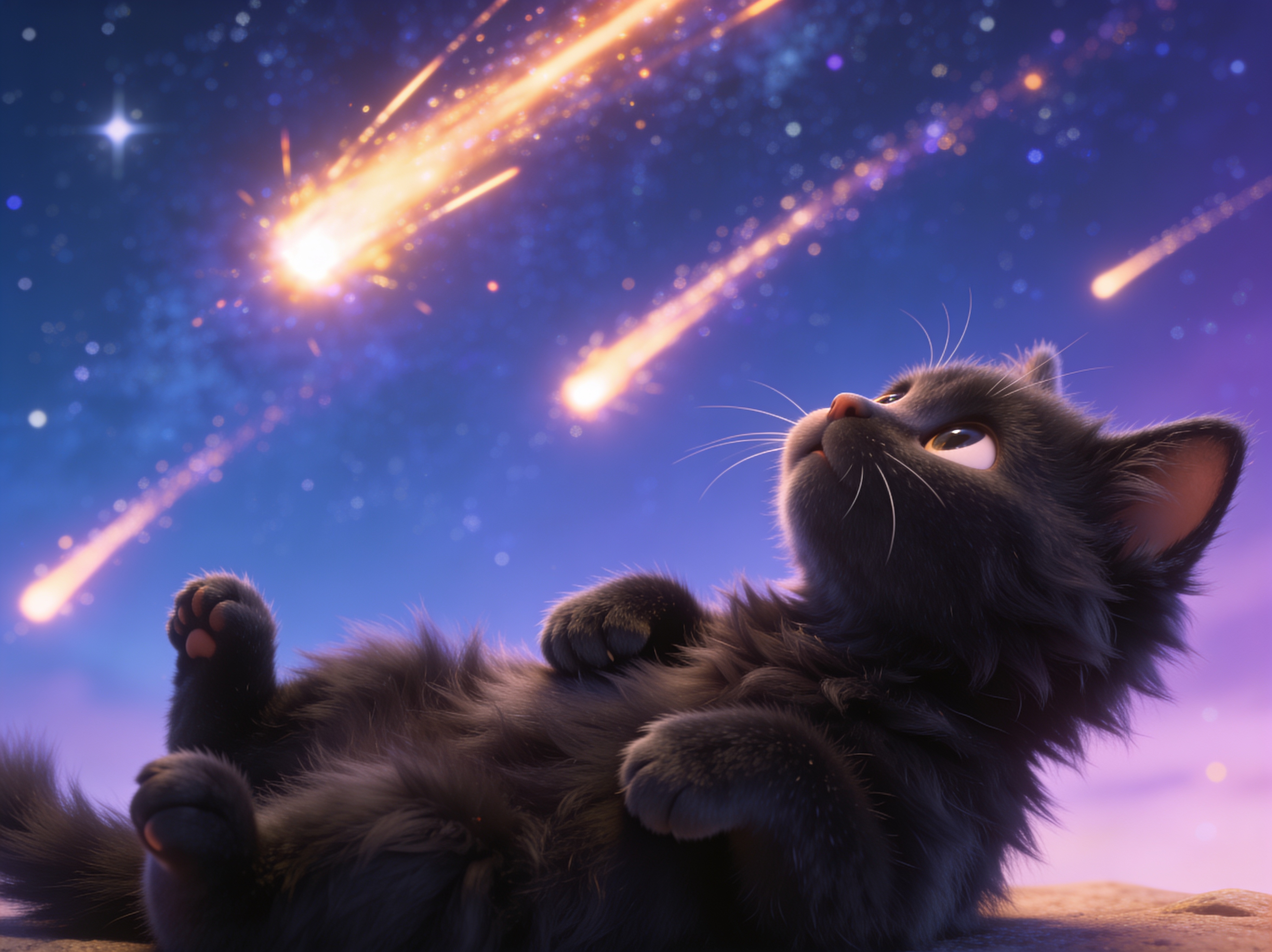 Fluffy black kitten lies on its back, gazing in wonder at glowing shooting stars streaking across a magical starry night sky