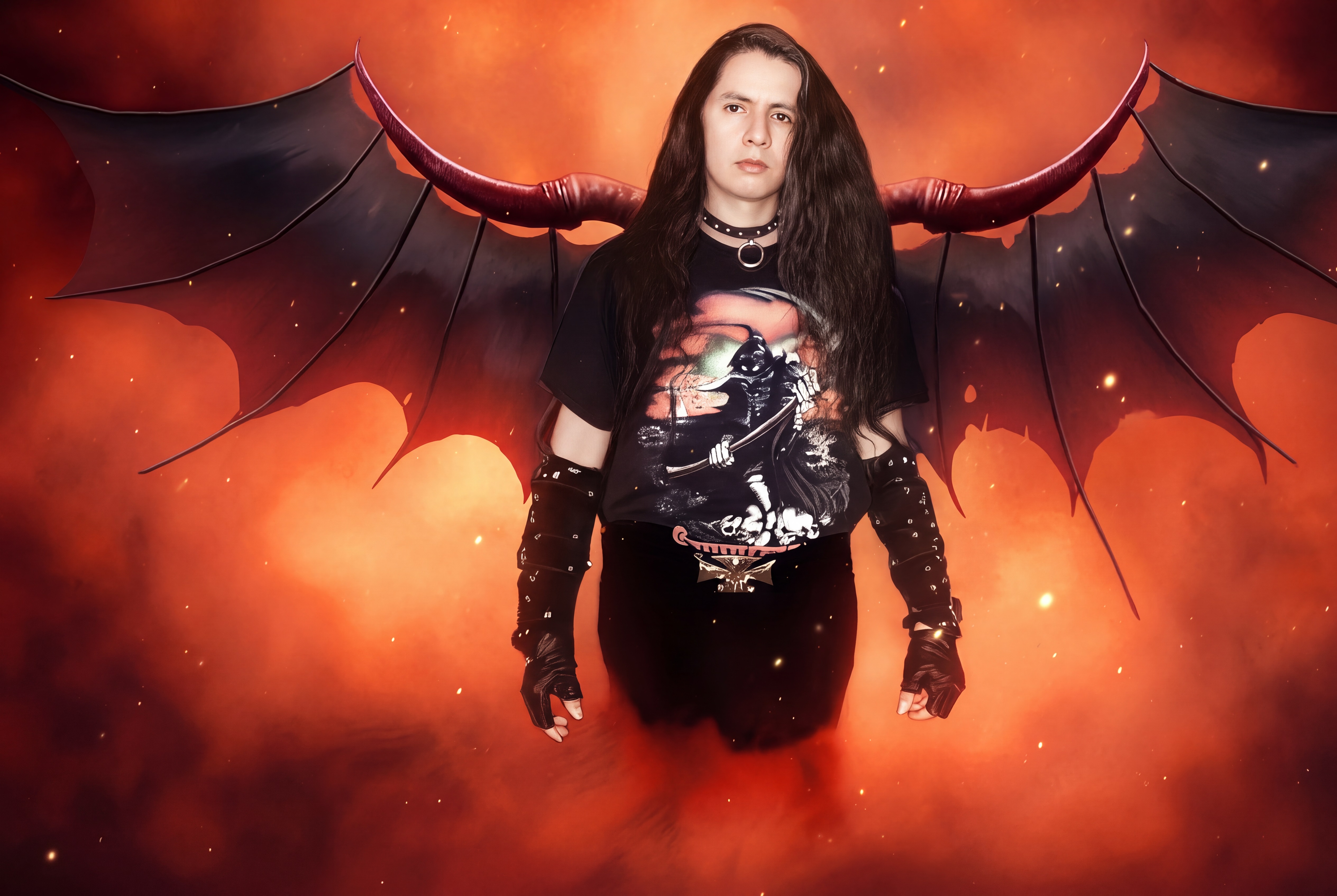 Long-haired metalhead with demon horns and bat wings against a fiery orange smoky hellscape background