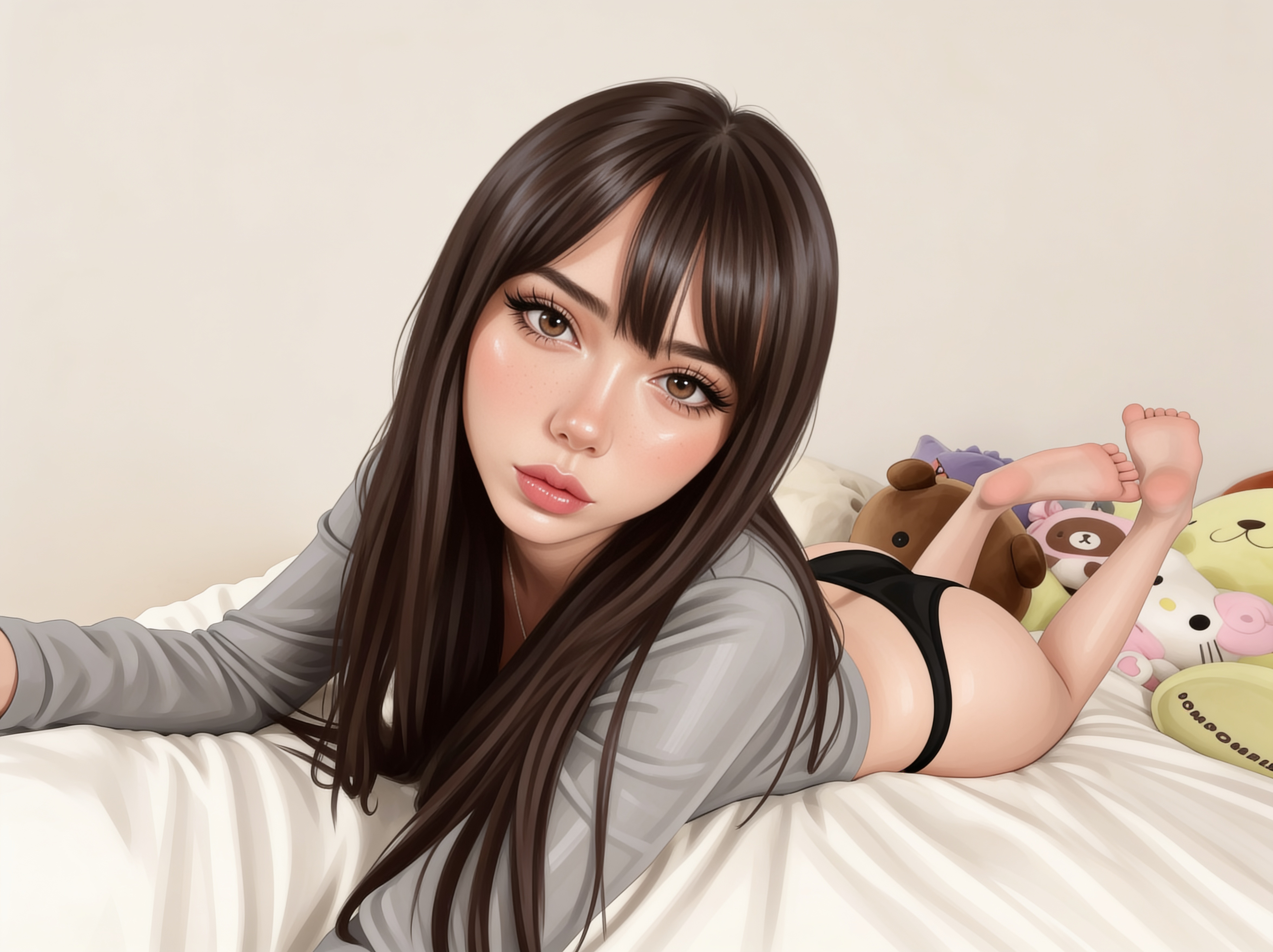 Stylized young woman with long dark bangs lying on a bed facing the camera beside plush stuffed toys