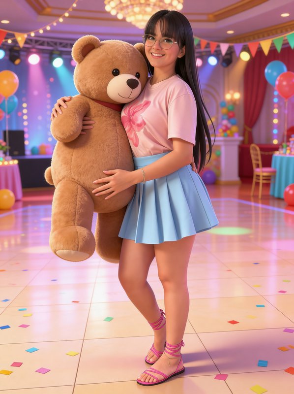 Young girl in a pink shirt and blue skirt hugs a large teddy bear at a colorful party venue