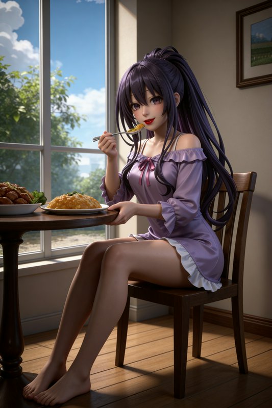 Anime-style young woman with long purple hair in a lavender off-shoulder dress sits by a window, eating at a wooden table.