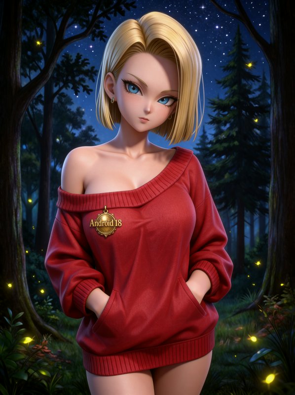 3D anime-style woman with a blonde bob in a red oversized sweater in a starry forest at night