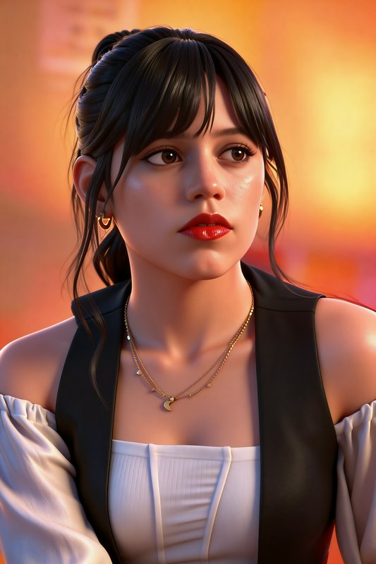 3D render of a young woman with dark hair in a bun, wearing a white off-shoulder top and black vest, against a warm sunset.