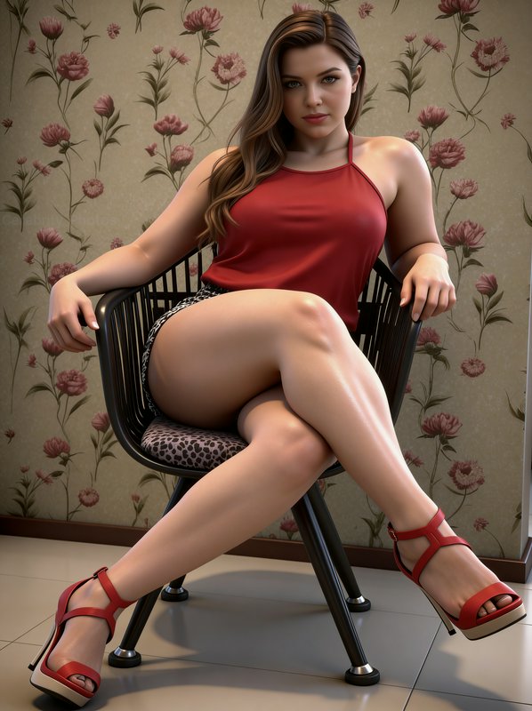 3D-rendered woman in a red halter top and red sandals sits confidently in a black chair with floral wallpaper.