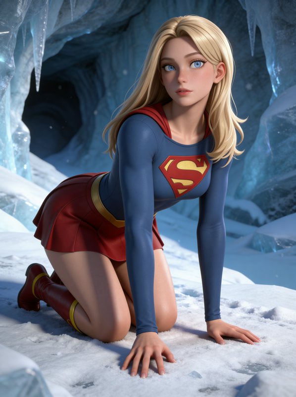3D-rendered Supergirl kneeling in a snowy ice cave, wearing blue top, red cape, and red skirt.