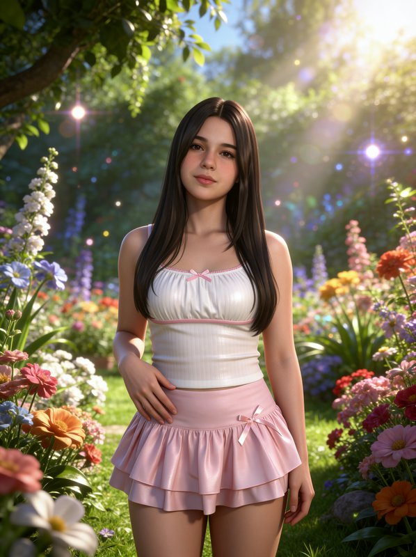 Young woman with long dark hair in a white top and pink ruffled skirt standing in a sunlit flower garden.