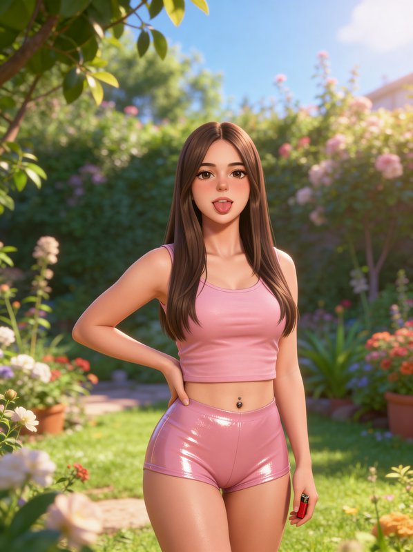 Stylized 3D woman in pink crop top and shiny shorts posing in a lush garden.