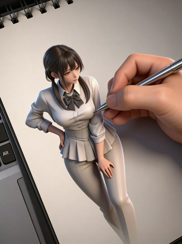 3D anime-style female student in a white blouse and pleated skirt being drawn with a stylus on a tablet