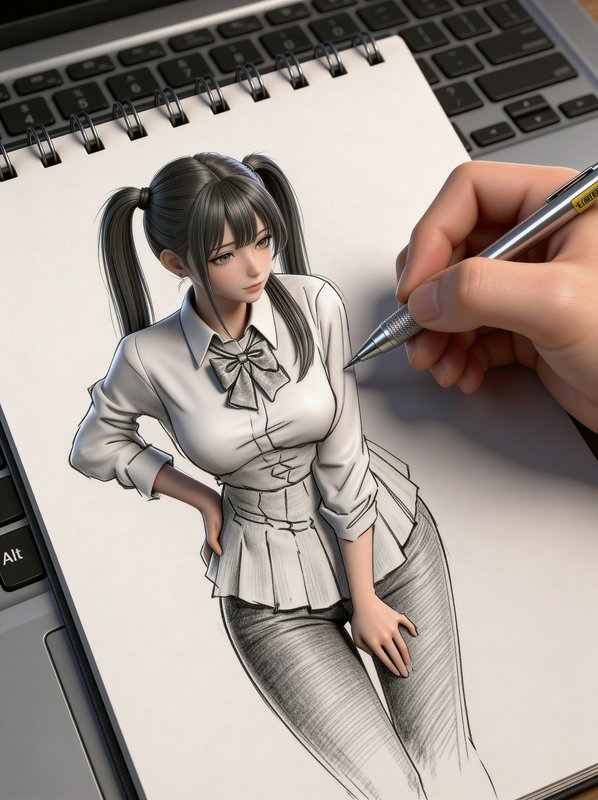 Anime-style girl in a white blouse and pleated skirt sketched on a notebook resting on a laptop