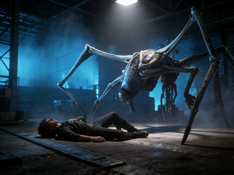 Person lying on the warehouse floor as a giant spider‑like creature looms overhead in moody blue lighting.