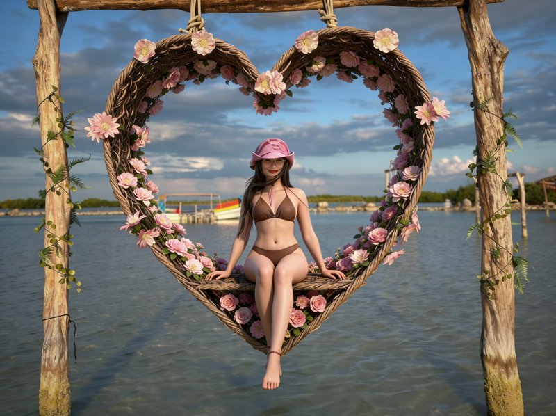 Woman in a brown bikini sits on a heart-shaped wicker swing adorned with pink flowers over calm water.