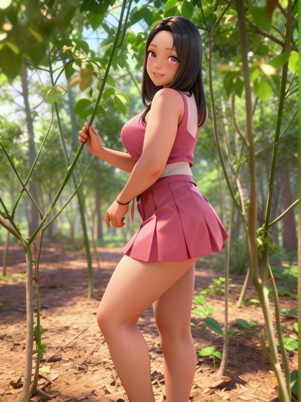 3D anime-style woman in pink crop top and pleated skirt standing in a sunlit forest