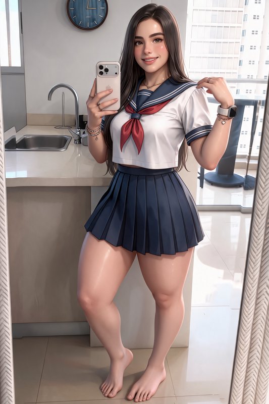 Digital illustration of a young woman in a sailor school uniform taking a mirror selfie in a brig...