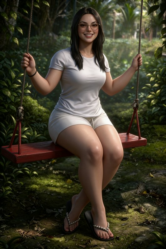 Smiling woman with glasses sits on a red wooden rope swing in a sunlit lush green garden, wearing...