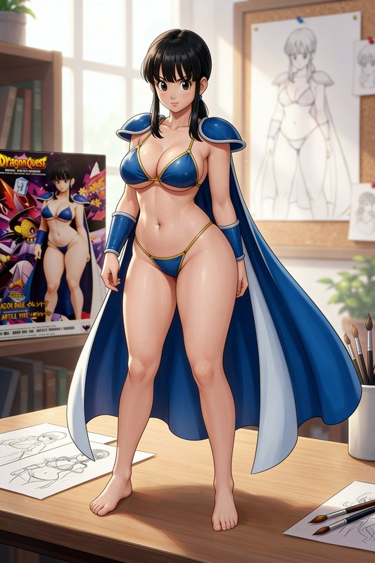 Anime female fantasy warrior in blue bikini armor stands on an artist desk alongside concept sket...