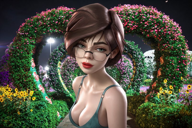 Stylized 3D animated woman with glasses stands in an illuminated night garden with heart-shaped f...