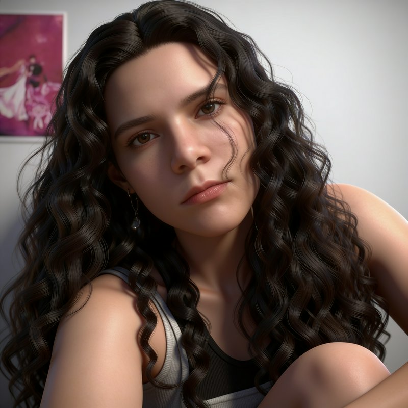 Hyperrealistic close-up portrait of a young woman with long dark curly hair, looking calmly towar...