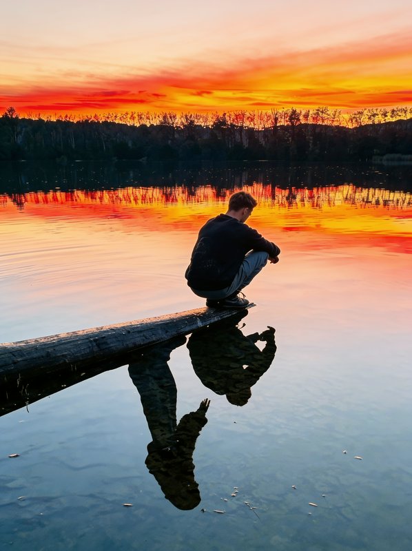 Silhouetted young man crouches on a log over calm reflective lake, beneath a vivid fiery sunset sky mirrored in the water.