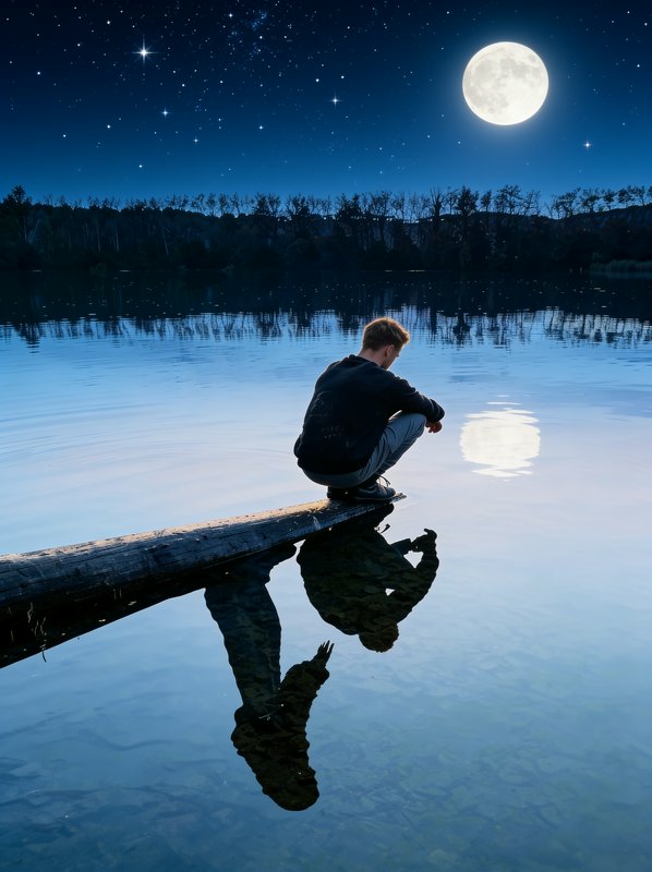 Man crouching on a log over calm lake, looking at his reflection under a bright full moon and starry night sky.