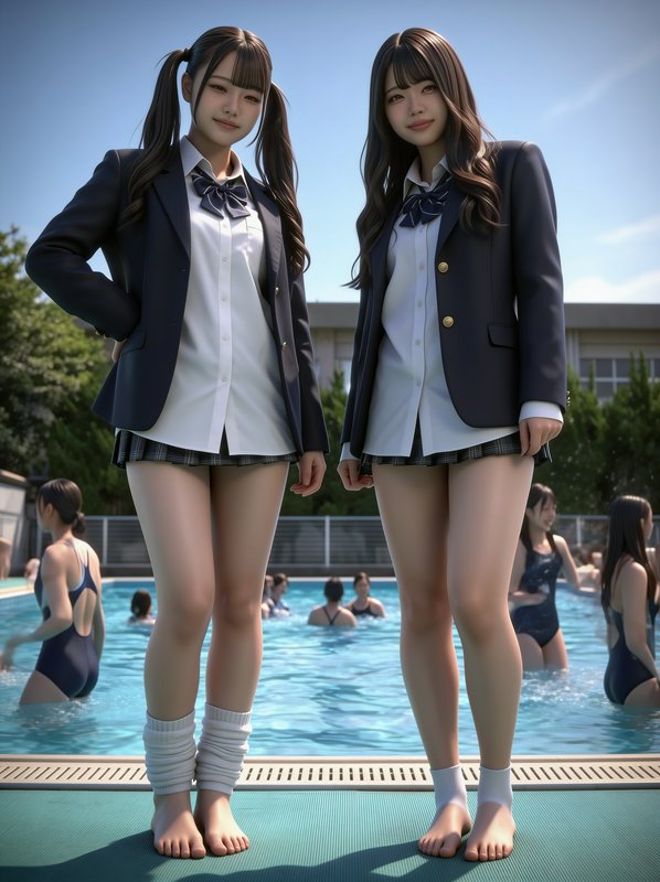 Two anime-style high school girls in school uniforms stand barefoot on the edge of a sunny outdoor school swimming pool.