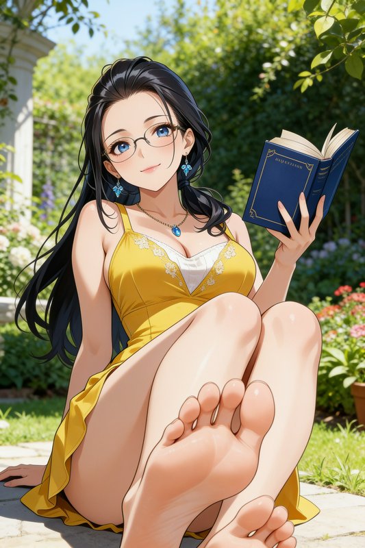 Anime woman with round glasses sits barefoot in a sunny garden holding an open blue book, wearing...