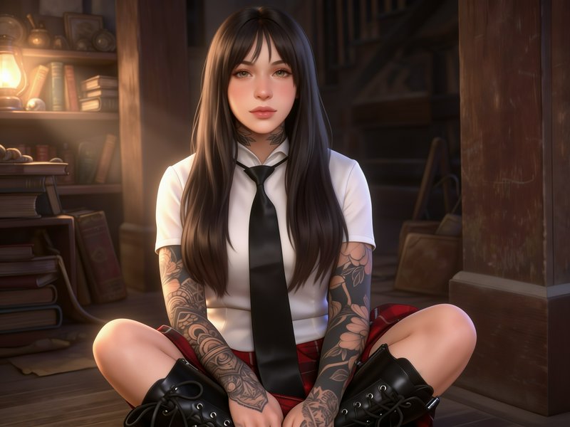 [Digital portrait of a tattooed young woman in school uniform sitting cross-legged in a warm vintage library]