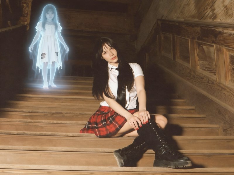 Young woman in a school uniform sits on old wooden stairs, with a glowing translucent child ghost...