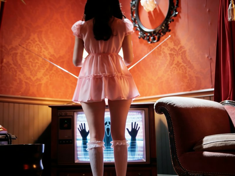 Woman in frilly pink dress stands before vintage TV as Ghostface reaches out from the static-fill...